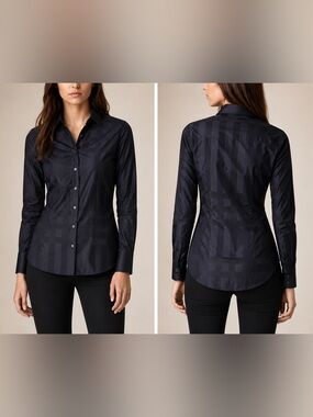 Burberry London Deep Navy Tonal Nova Check Jacquard Cotton Shirt UK 12 US 10